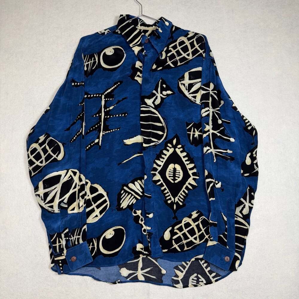 Vintage Nogaret Paris Shirt Mens L Abstract Print Dress Blue Black 100% Rayon